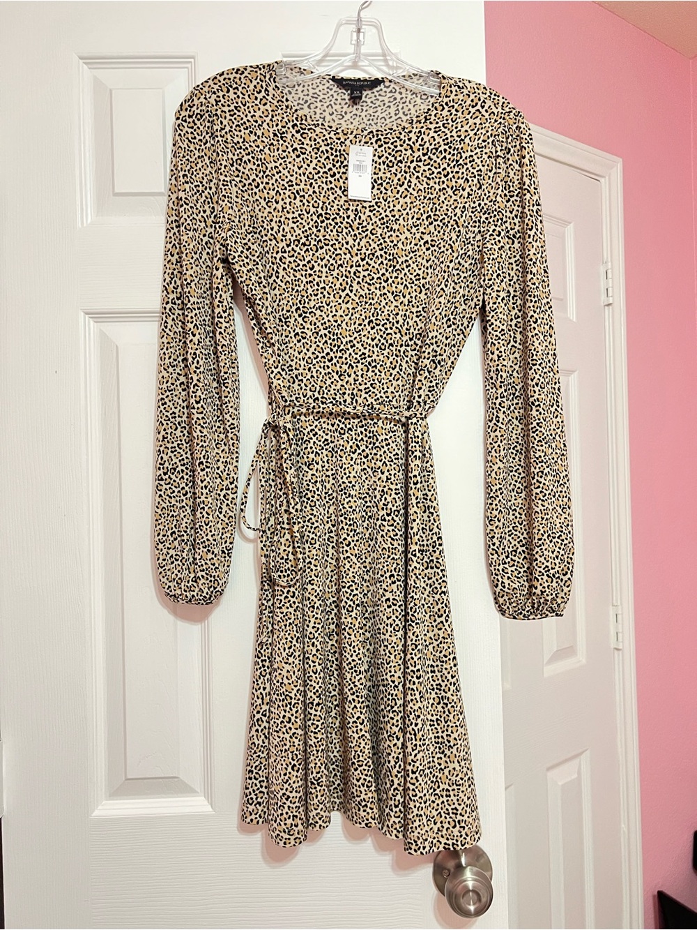 NWT Banana Republic Leopard-Print Long Sleeve Tie-Waist Dress - Beige/Black XS